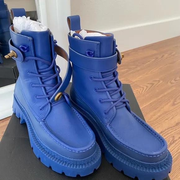 Coach Leather Lug Style Boots with Gold Turnlock Closure in Sapphire Blue 6
