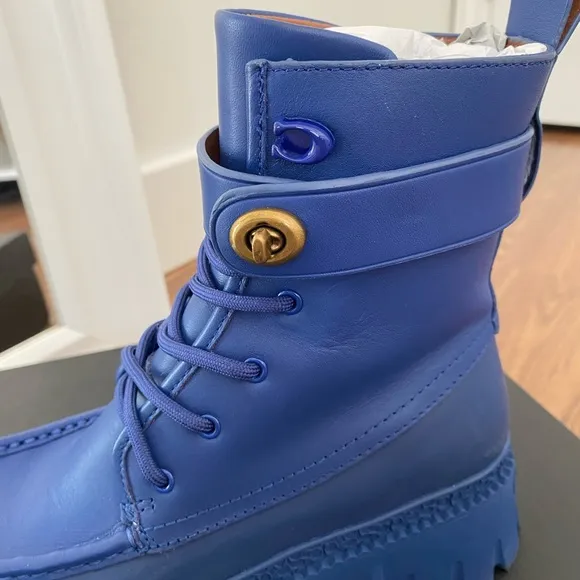 Coach Leather Lug Style Boots with Gold Turnlock Closure in Sapphire Blue 6