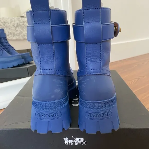 Coach Leather Lug Style Boots with Gold Turnlock Closure in Sapphire Blue 6