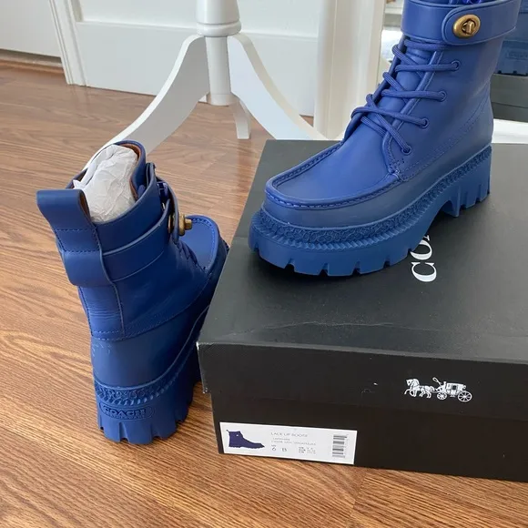 Coach Leather Lug Style Boots with Gold Turnlock Closure in Sapphire Blue 6