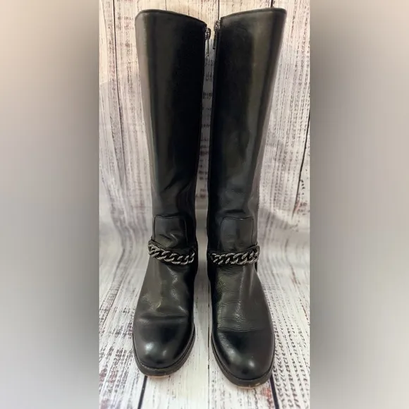 Coach Mabel Calf Black Leather Boots Shoes Chain Accent 5.5 Gorgeous