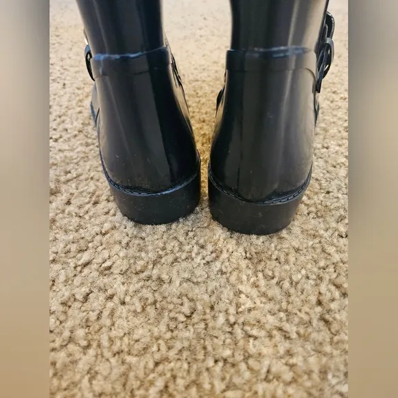 COACH Navy Rubber Rain Mid Calf Boots with Buckle, Size 10B