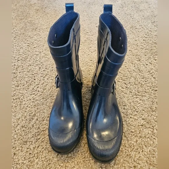COACH Navy Rubber Rain Mid Calf Boots with Buckle, Size 10B
