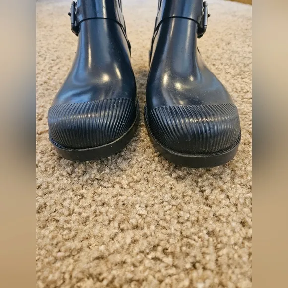 COACH Navy Rubber Rain Mid Calf Boots with Buckle, Size 10B