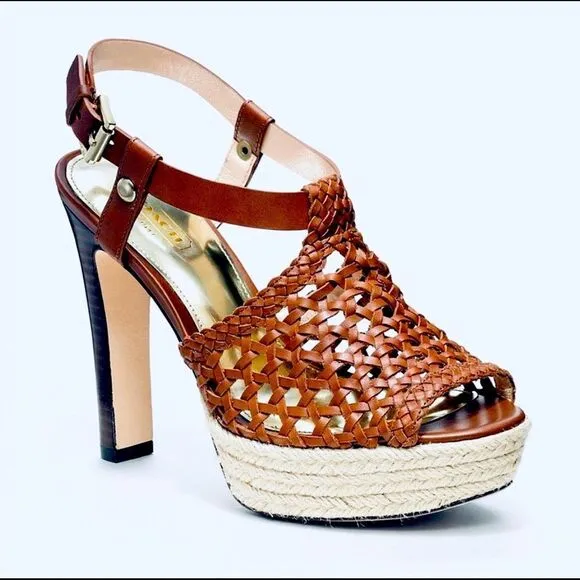 Coach zany woven calf vachetta espadrille stacked stilletto heels shoes   Sz 10