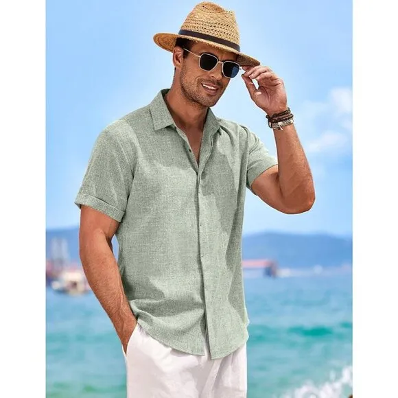 COOFANDY Men's Linen Short Sleeve Casual Shirts Button Down for Men