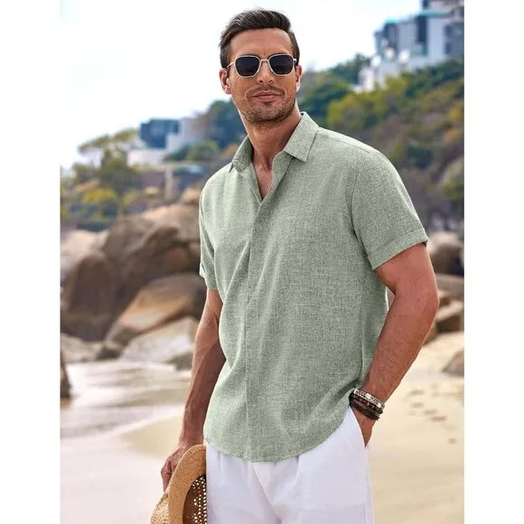 COOFANDY Men's Linen Short Sleeve Casual Shirts Button Down for Men
