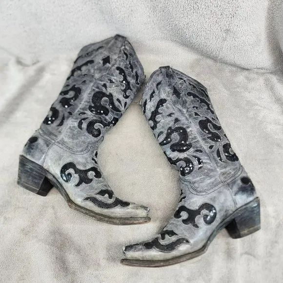 Corral Shoes Womens Size 6.5 Gray Black Leather Western Boots