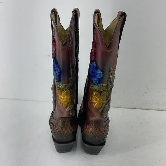 Corral Women's Brown Embroidered Floral Python Western Boots Size 11M Preowned