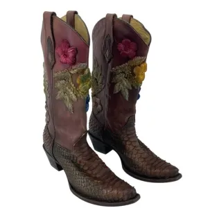 Corral Women's Brown Embroidered Floral Python Western Boots Size 11M Preowned
