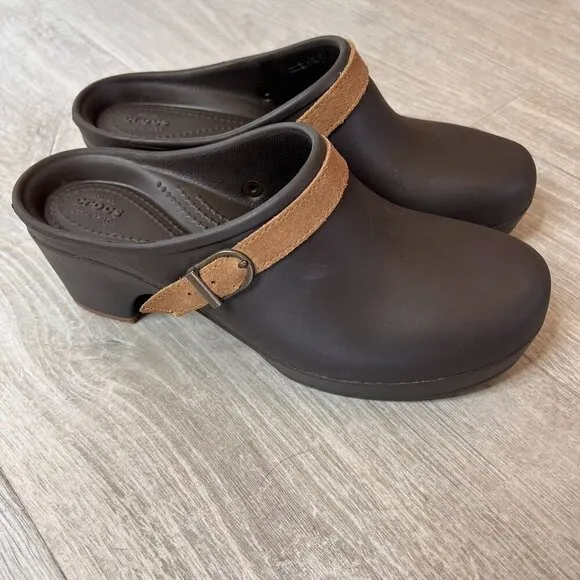 Crocs Shoes Womens Size W10 Brown Sarah Suede Belted Clogs Mules Slip On Classic