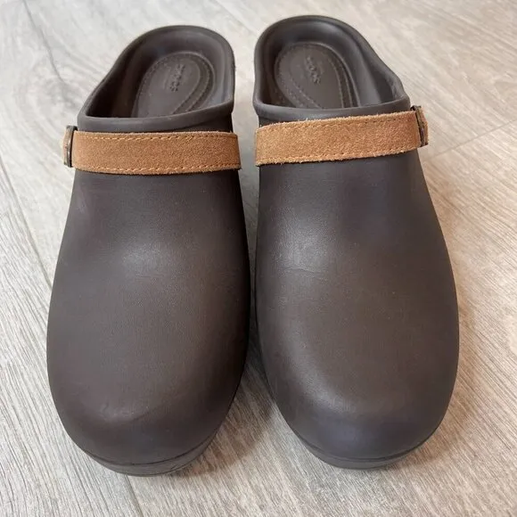 Crocs Shoes Womens Size W10 Brown Sarah Suede Belted Clogs Mules Slip On Classic