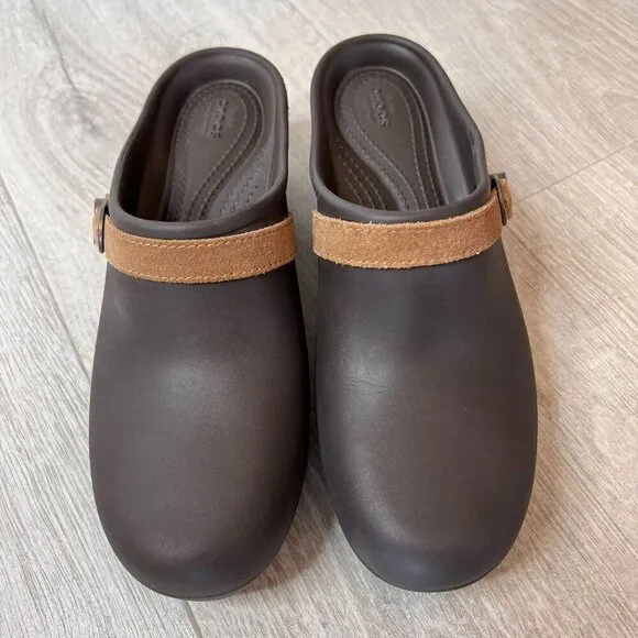 Crocs Shoes Womens Size W10 Brown Sarah Suede Belted Clogs Mules Slip On Classic