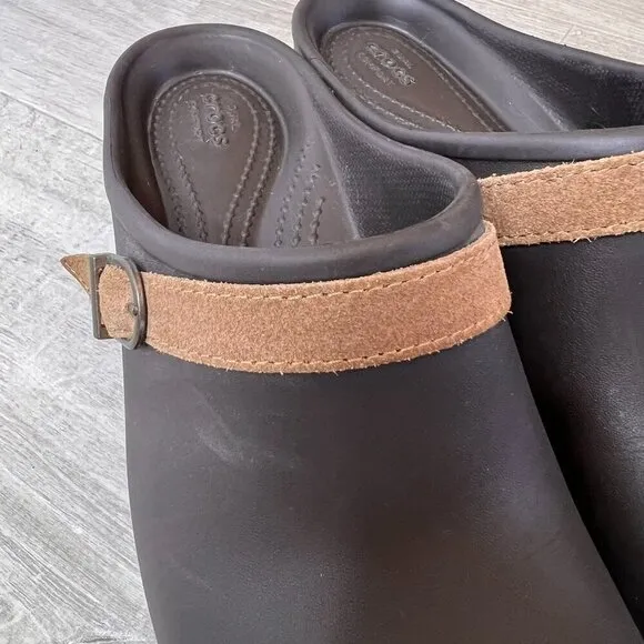 Crocs Shoes Womens Size W10 Brown Sarah Suede Belted Clogs Mules Slip On Classic
