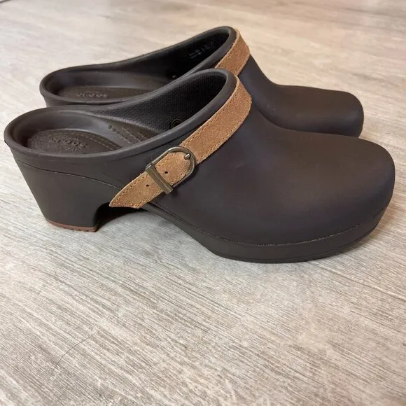 Crocs Shoes Womens Size W10 Brown Sarah Suede Belted Clogs Mules Slip On Classic