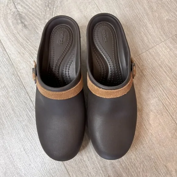 Crocs Shoes Womens Size W10 Brown Sarah Suede Belted Clogs Mules Slip On Classic
