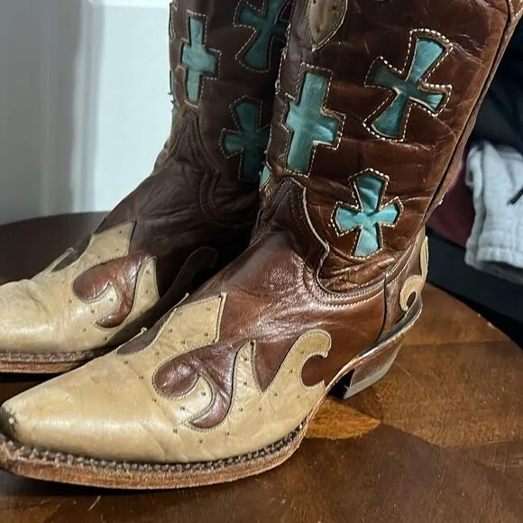 🔥Custom Soft Leather Stitched Western Pecos Bill Cowgirl Boots Wood Soles Sz 5