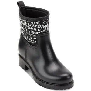 DKNY Women Slip On Rain Boots 'Rainy' Size US 6 Black White Textured Logo Print