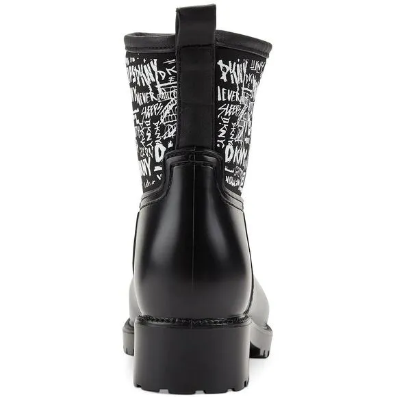 DKNY Women Slip On Rain Boots 'Rainy' Size US 6 Black White Textured Logo Print