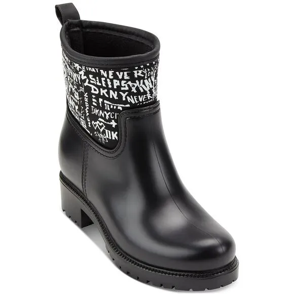 DKNY Women Slip On Rain Boots 'Rainy' Size US 6 Black White Textured Logo Print