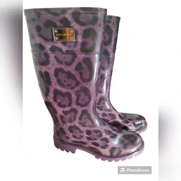 Dolce &amp; GabbanaDolce and Gabbana Purple Leopard Print Wellington Rubber Boots