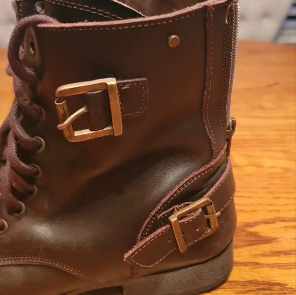 Dolce Vita Brown Distressed Rugged Buckle Genuine Leather Combat Boots Shoes