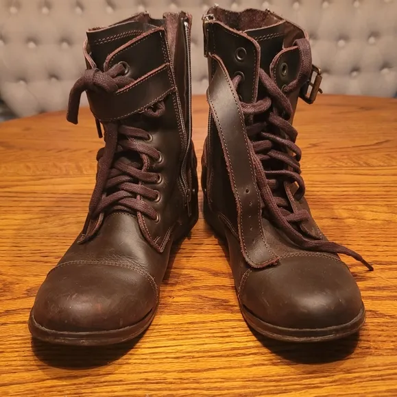 Dolce Vita Brown Distressed Rugged Buckle Genuine Leather Combat Boots Shoes