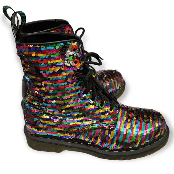 Dr Doc Martens Pascal Boots Sequin Rainbow / Silver Moto Size 5 UK / 7 Women's