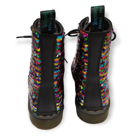 Dr Doc Martens Pascal Boots Sequin Rainbow / Silver Moto Size 5 UK / 7 Women's