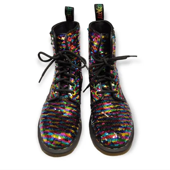 Dr Doc Martens Pascal Boots Sequin Rainbow / Silver Moto Size 5 UK / 7 Women's