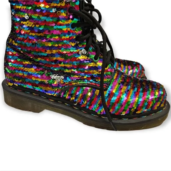Dr Doc Martens Pascal Boots Sequin Rainbow / Silver Moto Size 5 UK / 7 Women's