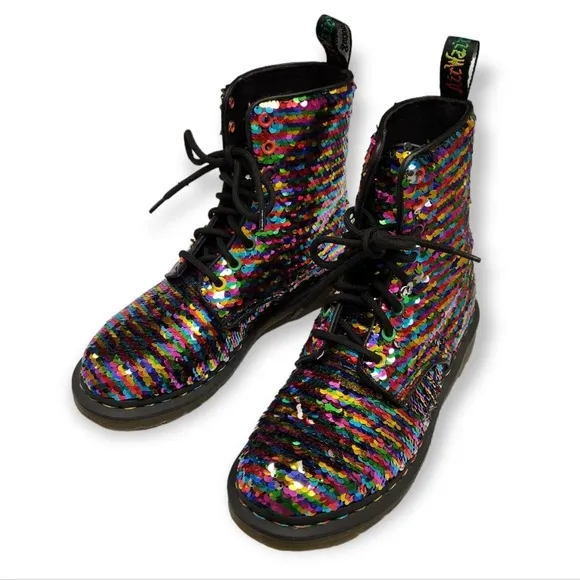 Dr Doc Martens Pascal Boots Sequin Rainbow / Silver Moto Size 5 UK / 7 Women's