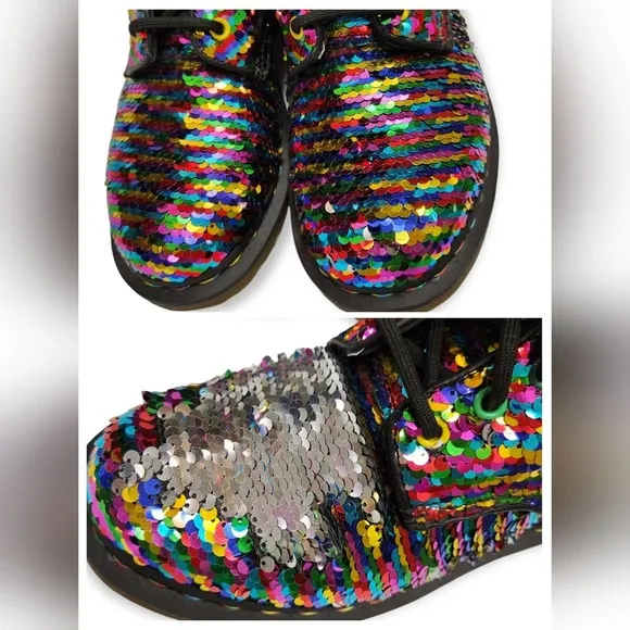 Dr Doc Martens Pascal Boots Sequin Rainbow / Silver Moto Size 5 UK / 7 Women's