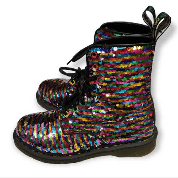 Dr Doc Martens Pascal Boots Sequin Rainbow / Silver Moto Size 5 UK / 7 Women's