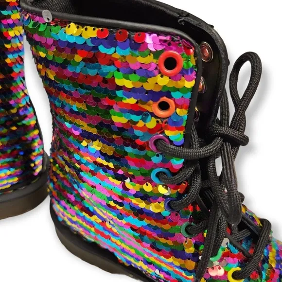Dr Doc Martens Pascal Boots Sequin Rainbow / Silver Moto Size 5 UK / 7 Women's