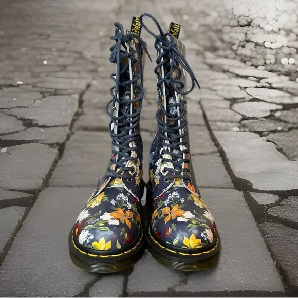 Dr Martens 1b99 Vonda Darcy Flowers Floral Navy Leather Zip Mid Calf Boots Sz 5