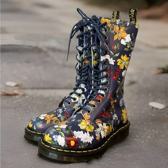 Dr Martens 1b99 Vonda Darcy Flowers Floral Navy Leather Zip Mid Calf Boots Sz 5