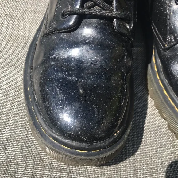 Dr Martens 7 luana black coated glitter patent leather lace up combat boots