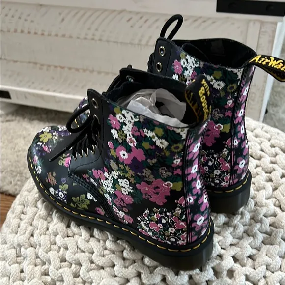 Dr. Martens Black Combat Boots with Floral Pattern. Used once. Perfect condition