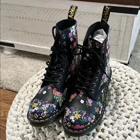 Dr. Martens Black Combat Boots with Floral Pattern. Used once. Perfect condition