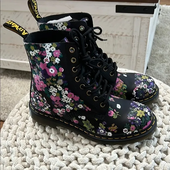 Dr. Martens Black Combat Boots with Floral Pattern. Used once. Perfect condition