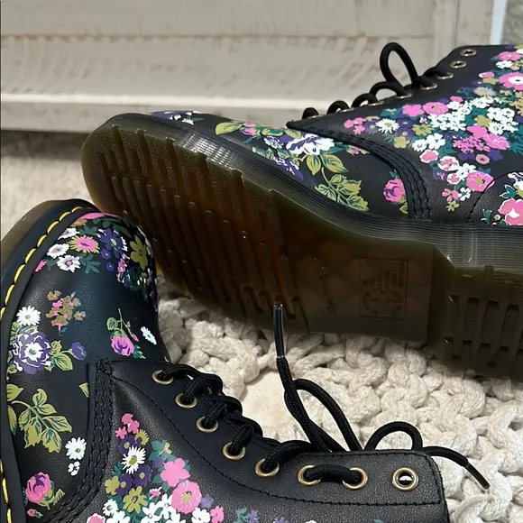 Dr. Martens Black Combat Boots with Floral Pattern. Used once. Perfect condition