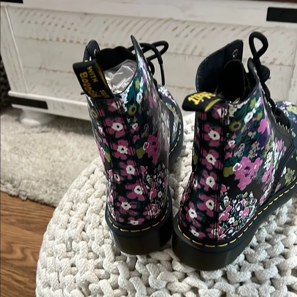 Dr. Martens Black Combat Boots with Floral Pattern. Used once. Perfect condition