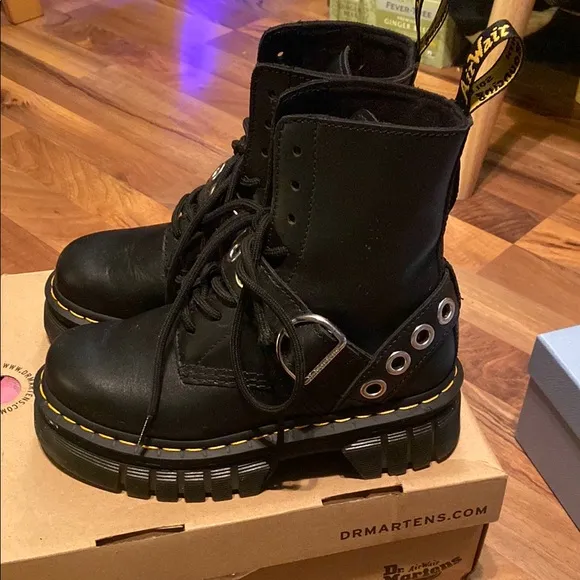 Dr. Martens Black Lace-Up Boots with Yellow Stitching