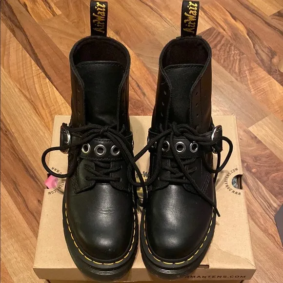 Dr. Martens Black Lace-Up Boots with Yellow Stitching