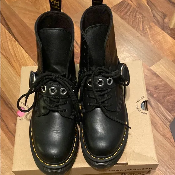 Dr. Martens Black Lace-Up Boots with Yellow Stitching