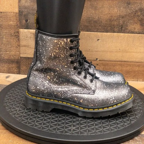 DR MARTENS METALLIC SPLATTER PAINT BOOTS BLACK SILVER COMBAT LACE UP SIZE 7