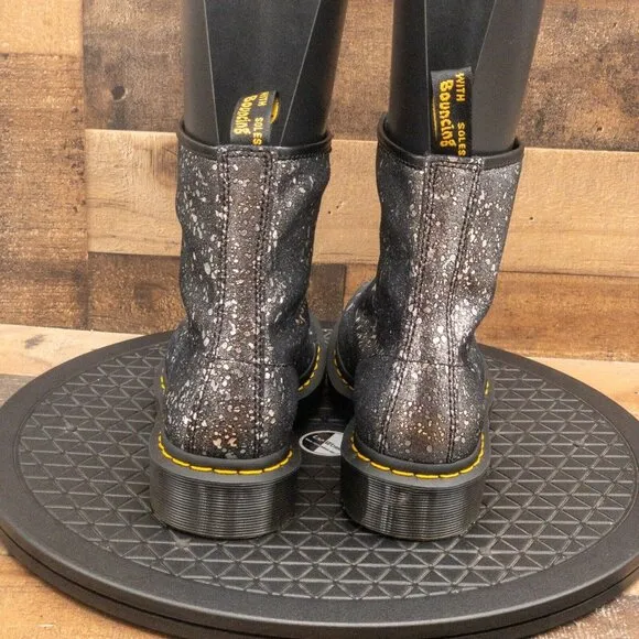 DR MARTENS METALLIC SPLATTER PAINT BOOTS BLACK SILVER COMBAT LACE UP SIZE 7