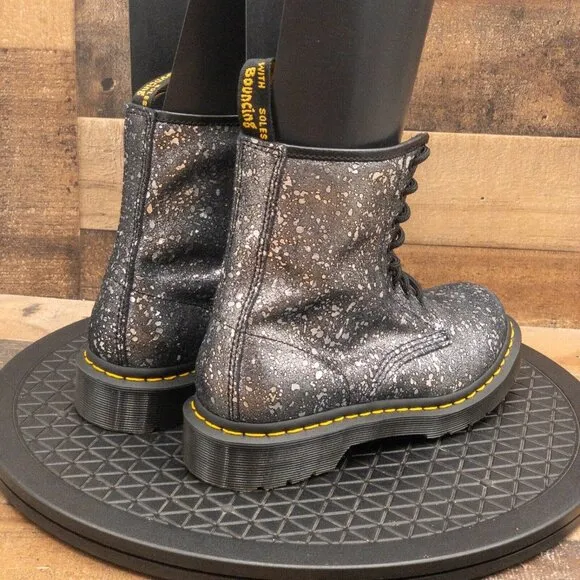 DR MARTENS METALLIC SPLATTER PAINT BOOTS BLACK SILVER COMBAT LACE UP SIZE 7