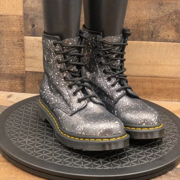 DR MARTENS METALLIC SPLATTER PAINT BOOTS BLACK SILVER COMBAT LACE UP SIZE 7